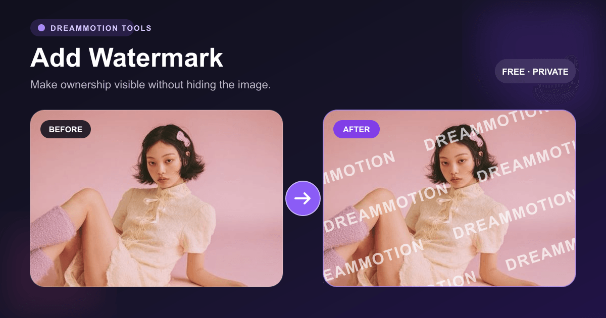 Before and after comparison of a Gallery portrait with a repeated DreamMotion text watermark added