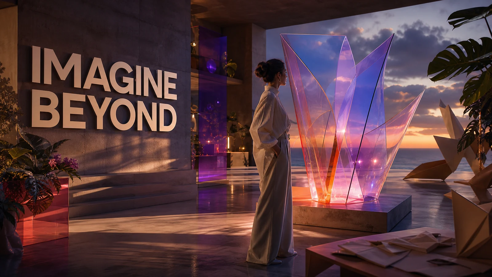 Editorial campaign image combining integrated typography with a photorealistic surreal art studio