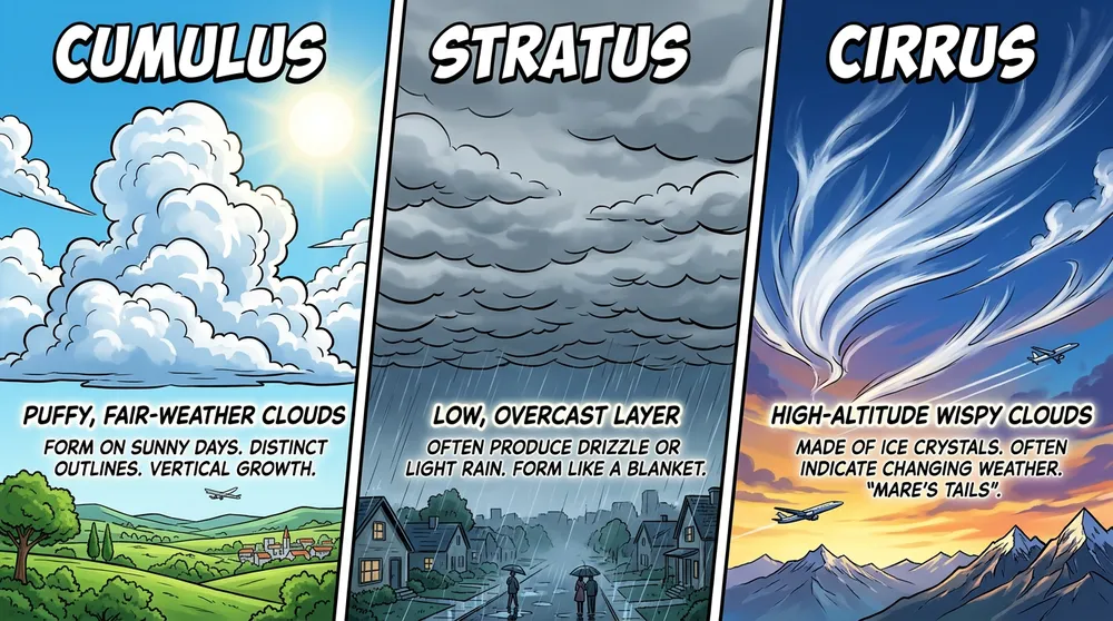 Official Nano Banana 2 infographic comparing cumulus, stratus, and cirrus clouds with readable labels and distinct visual sections