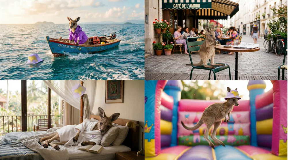 Official Nano Banana 2 character consistency example showing the same kangaroo across a boat, cafe, hotel, and play scene