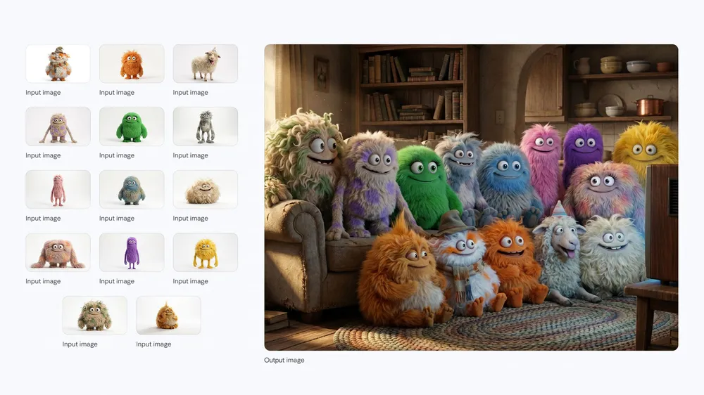 Official Nano Banana Pro multi-reference example combining several distinctive characters into one coherent scene