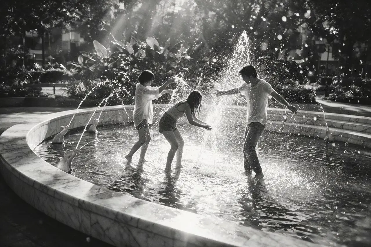 Official Seedream 5.0 Pro black-and-white documentary photograph of friends playing in a city fountain