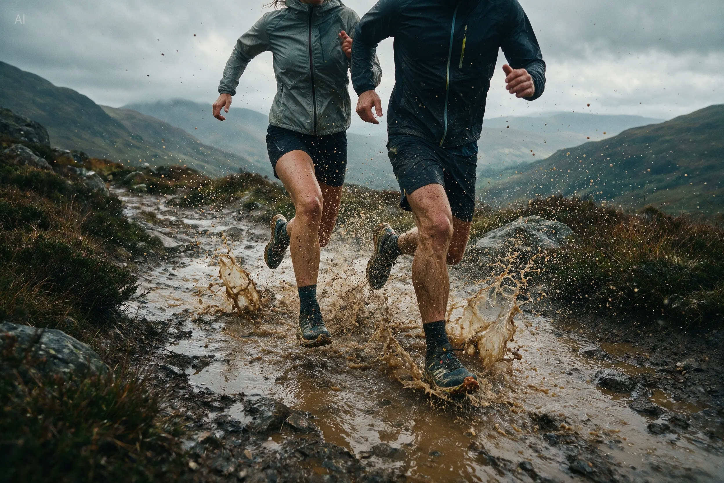 Official Seedream 5.0 Pro commercial trail-running image with athletes splashing through mud