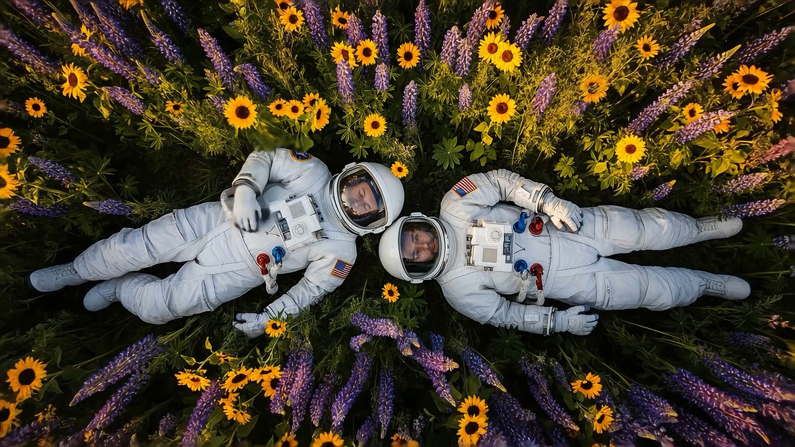 Official Google Veo camera direction example featuring astronauts in a flower field