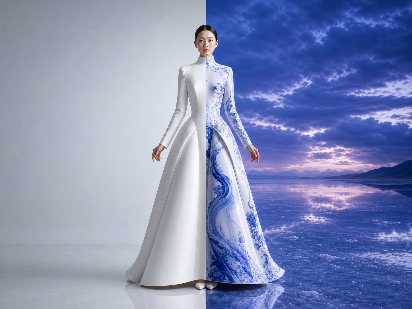 Before and after AI image editing comparison of a white couture portrait transformed into blue-and-white porcelain styling